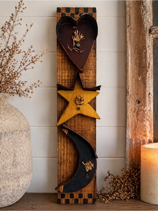 Other - Wooden Heart-Star-Moon Wall Decor - Rustic Brown, Yellow, Black
